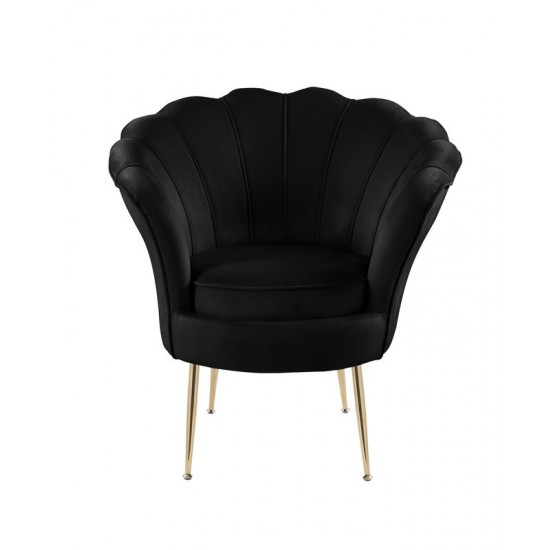 Angelina Black Velvet Scalloped Back Barrel Accent Chair with Metal Legs