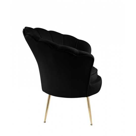 Angelina Black Velvet Scalloped Back Barrel Accent Chair with Metal Legs