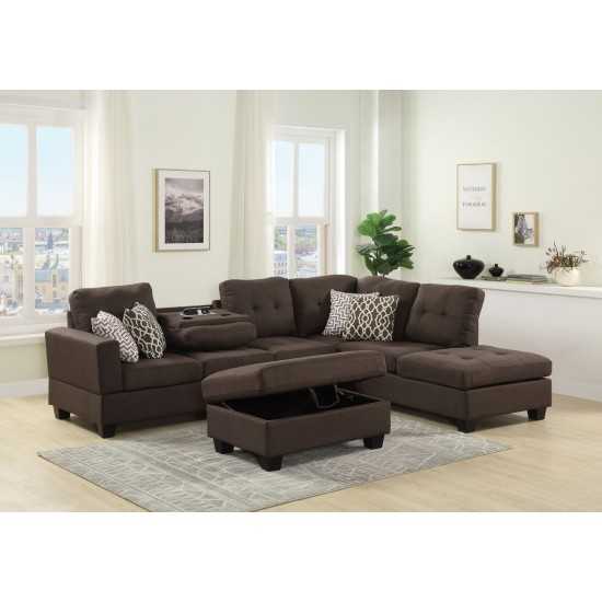 Kourtney Brown Fabric Reversible Sofa Sectional with Dropdown Table, Charging Ports, Cupholders, Storage Ottoman, and Pillows