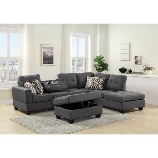 Kourtney Dark Gray Fabric Reversible Sofa Sectional with Dropdown Table, Charging Ports, Cupholders, Storage Ottoman and Pill