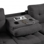 Kourtney Dark Gray Fabric Reversible Sofa Sectional with Dropdown Table, Charging Ports, Cupholders, Storage Ottoman and Pill