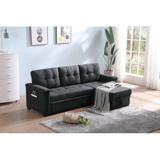 Ashlyn Dark Gray Woven Fabric Sleeper Sectional Sofa Chaise with USB Charger and Tablet Pocket