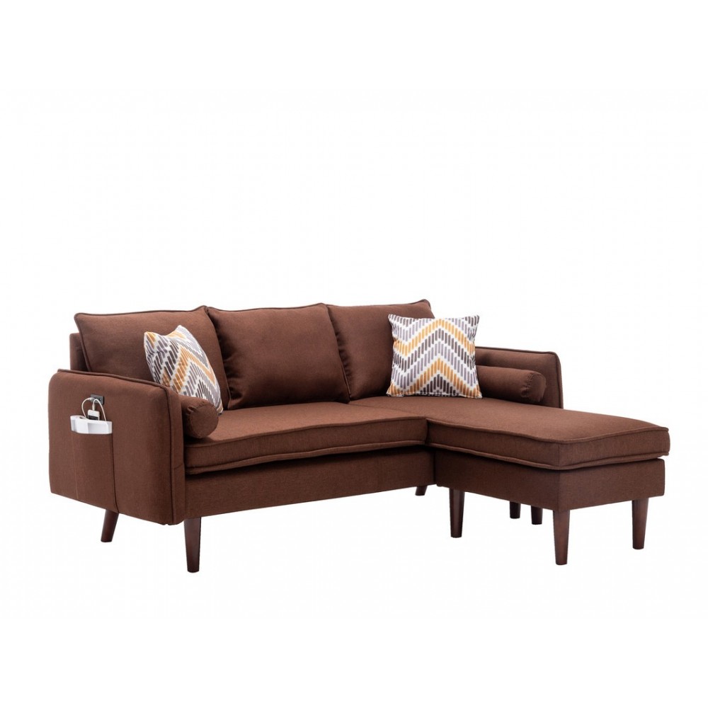 Mia Brown Sectional Sofa Chaise with USB Charger & Pillows