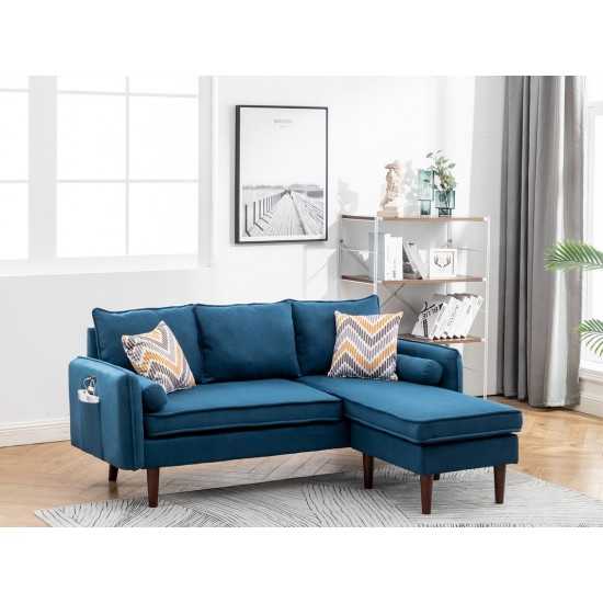 Mia Blue Sectional Sofa Chaise with USB Charger & Pillows