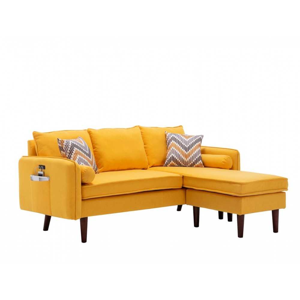 Mia Yellow Sectional Sofa Chaise with USB Charger & Pillows