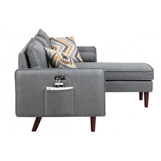 Mia Gray Sectional Sofa Chaise with USB Charger & Pillows