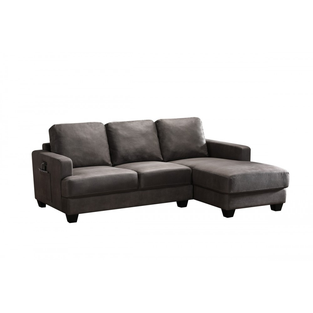 Caleb Gray Fabric Sectional Sofa Chaise with USB Charger and Tablet Pocket