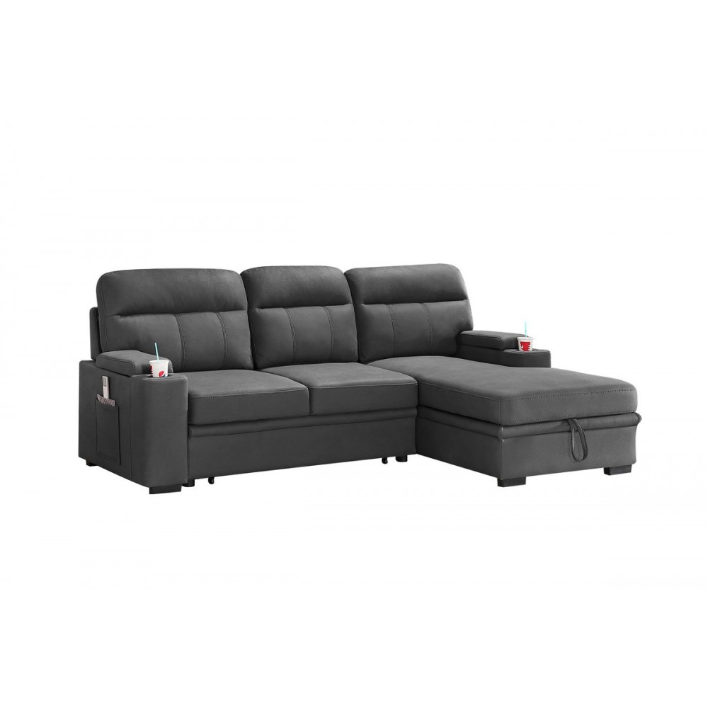 Kaden Gray Fabric Sleeper Sectional Sofa Chaise with Storage Arms and Cupholder