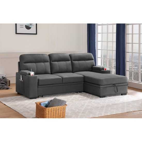 Kaden Gray Fabric Sleeper Sectional Sofa Chaise with Storage Arms and Cupholder