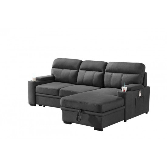 Kaden Gray Fabric Sleeper Sectional Sofa Chaise with Storage Arms and Cupholder