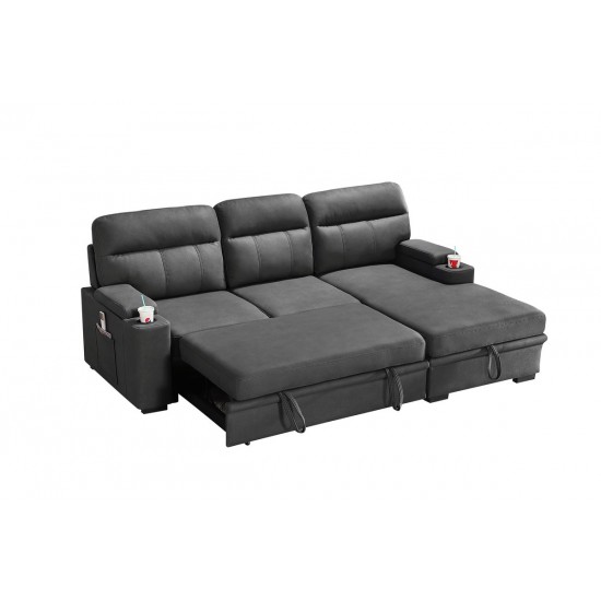 Kaden Gray Fabric Sleeper Sectional Sofa Chaise with Storage Arms and Cupholder