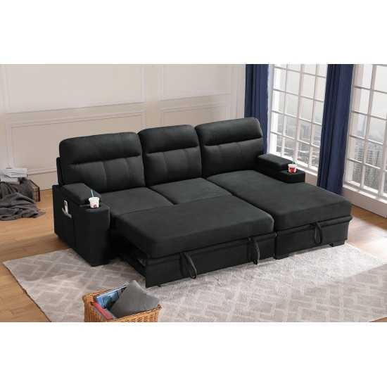 Kaden Black Fabric Sleeper Sectional Sofa Chaise with Storage Arms and Cupholder