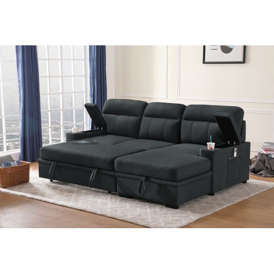 Kaden Black Fabric Sleeper Sectional Sofa Chaise with Storage Arms and Cupholder