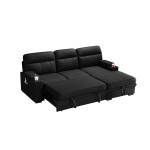 Kaden Black Fabric Sleeper Sectional Sofa Chaise with Storage Arms and Cupholder