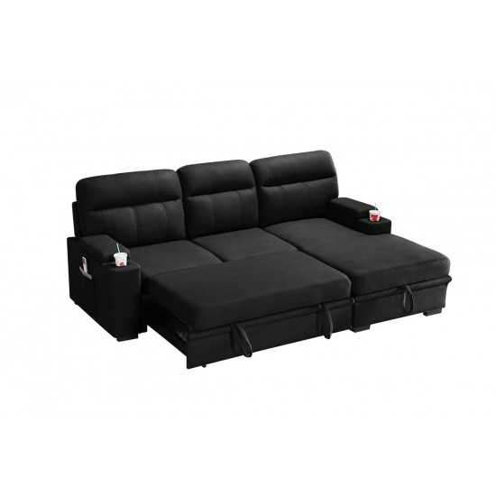 Kaden Black Fabric Sleeper Sectional Sofa Chaise with Storage Arms and Cupholder