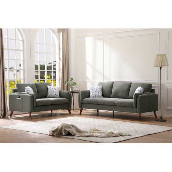 Winston Gray Linen Sofa and Loveseat Living Room Set with USB Charger and Tablet Pocket