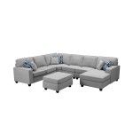 Willowleaf Light Gray Linen 7Pc Modular L-Shape Sectional Sofa Chaise and Ottoman