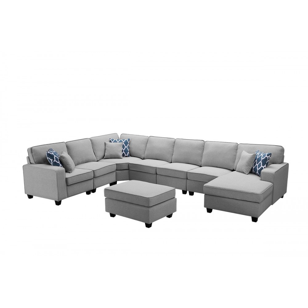 Irma Light Gray Linen 8Pc Modular L-Shape Sectional Sofa Chaise and Ottoman