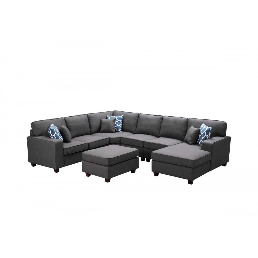 Willowleaf Dark Gray Linen 7Pc Modular Sectional Sofa Chaise and Ottoman