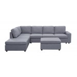 Cassia Light Gray Linen 7 Seat Reversible Modular Sectional Sofa with Ottoman