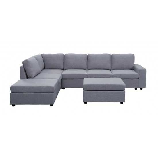 Cassia Light Gray Linen 7 Seat Reversible Modular Sectional Sofa with Ottoman