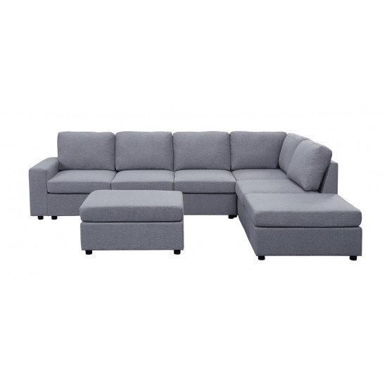 Cassia Light Gray Linen 7 Seat Reversible Modular Sectional Sofa with Ottoman