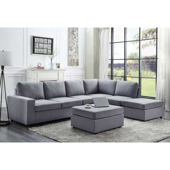 Cassia Light Gray Linen 7 Seat Reversible Modular Sectional Sofa with Ottoman