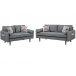 Mia Mid-Century Modern Gray Linen Sofa and Loveseat Living Room Set with USB Charging Ports & Pillows