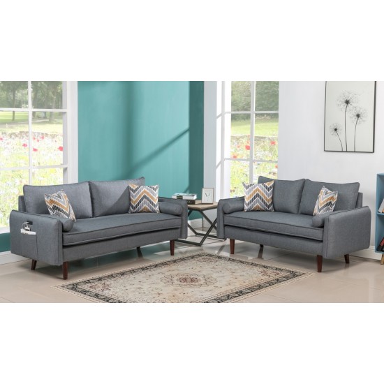 Mia Mid-Century Modern Gray Linen Sofa and Loveseat Living Room Set with USB Charging Ports & Pillows