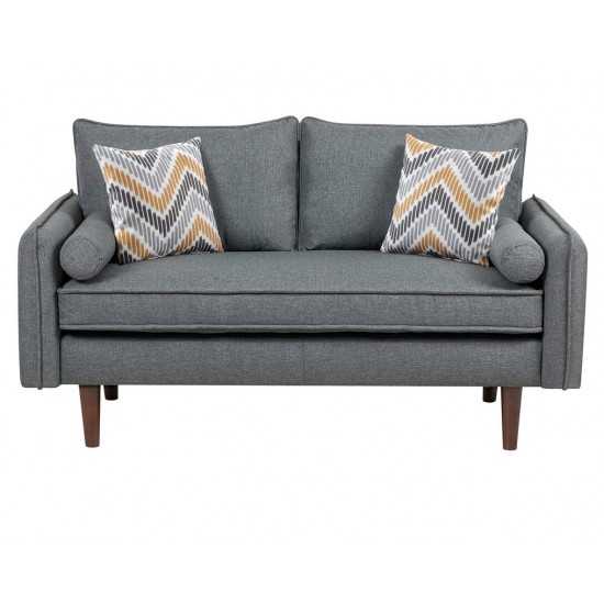 Mia Mid-Century Modern Gray Linen Sofa and Loveseat Living Room Set with USB Charging Ports & Pillows