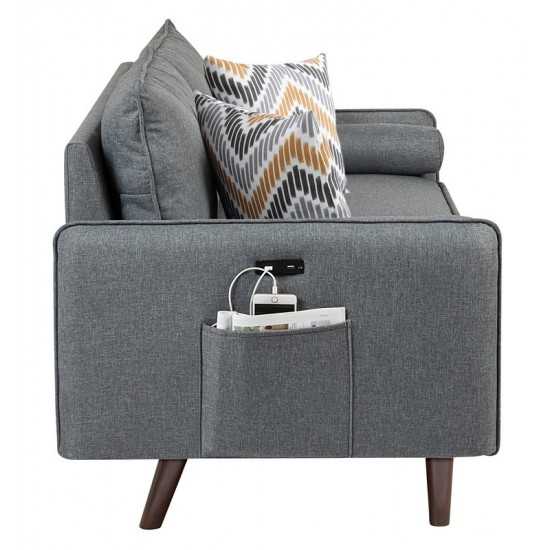 Mia Mid-Century Modern Gray Linen Sofa and Loveseat Living Room Set with USB Charging Ports & Pillows