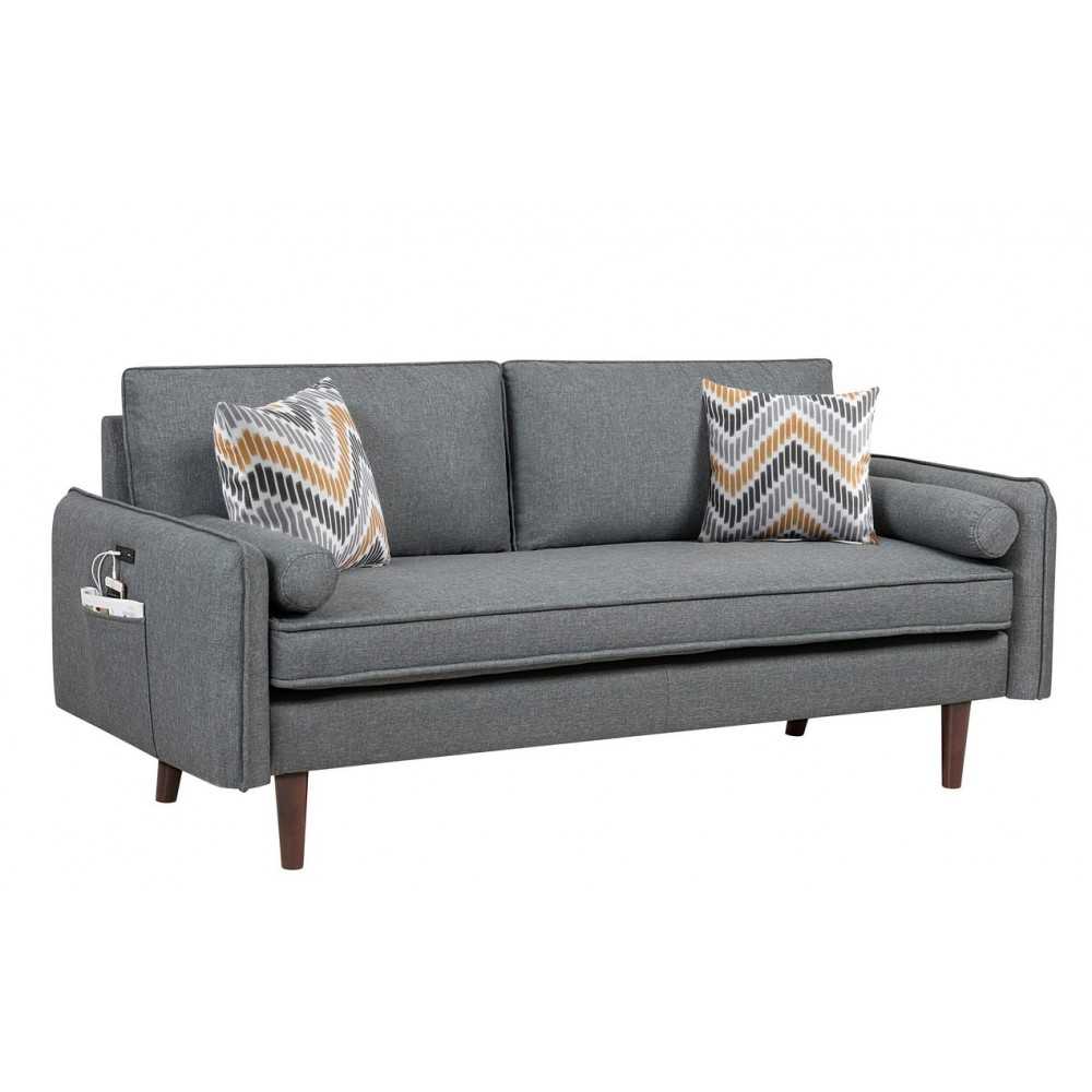 Mia Mid-Century Modern Gray Linen Sofa Couch with USB Charging Ports & Pillows