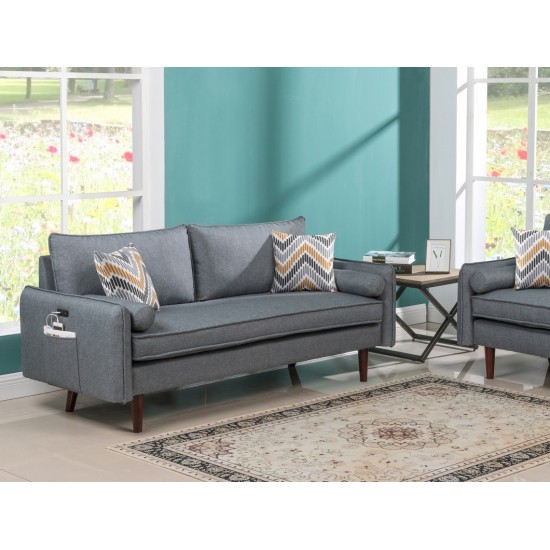 Mia Mid-Century Modern Gray Linen Sofa Couch with USB Charging Ports & Pillows