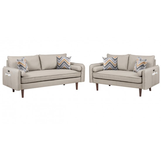 Mia Mid-Century Modern Beige Linen Sofa and Loveseat Living Room Set with USB Charging Ports & Pillows