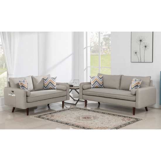 Mia Mid-Century Modern Beige Linen Sofa and Loveseat Living Room Set with USB Charging Ports & Pillows