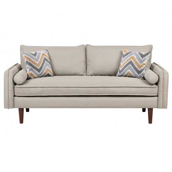 Mia Mid-Century Modern Beige Linen Sofa and Loveseat Living Room Set with USB Charging Ports & Pillows