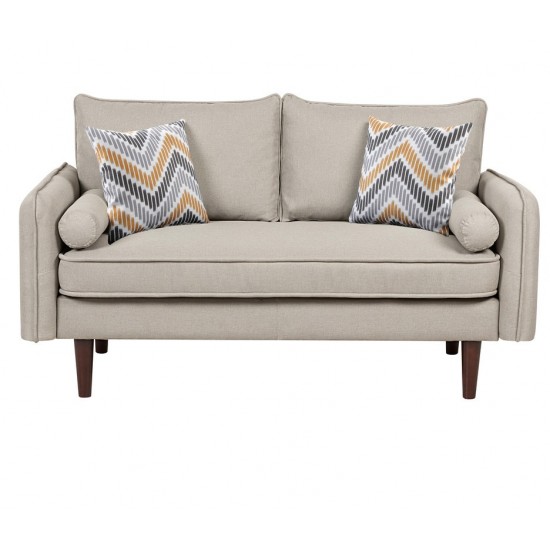 Mia Mid-Century Modern Beige Linen Sofa and Loveseat Living Room Set with USB Charging Ports & Pillows