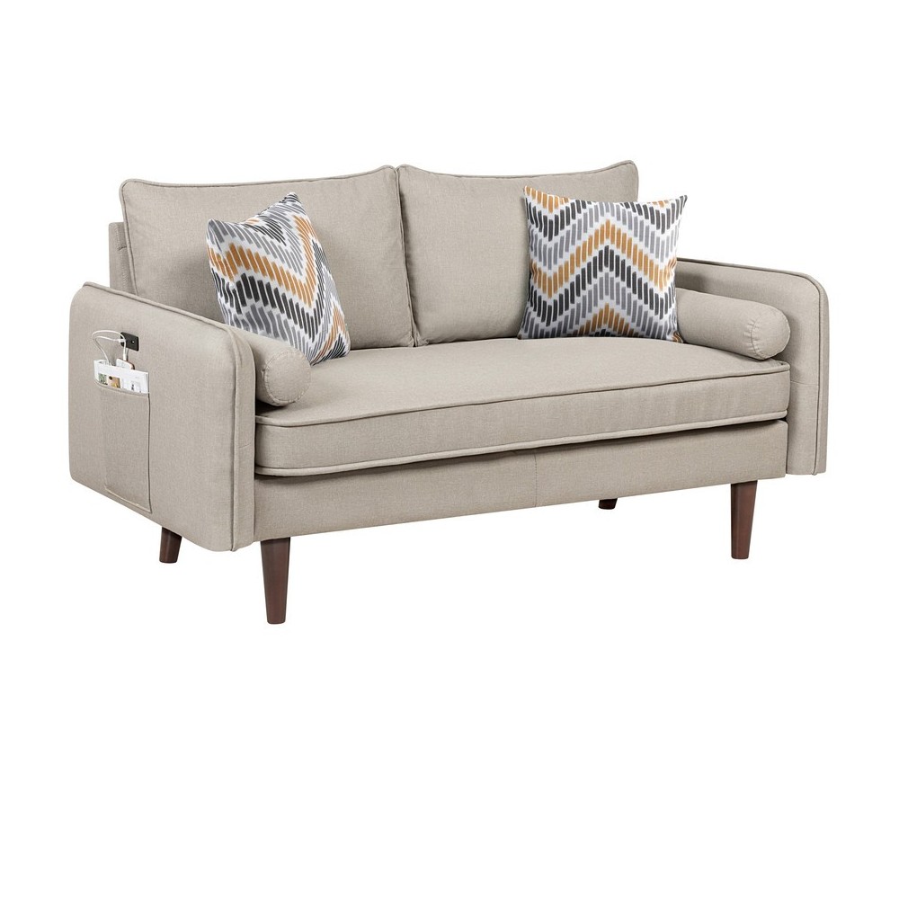 Mia Mid-Century Modern Beige Linen Loveseat Couch with USB Charging Ports & Pillows Mia Mid-Century Modern Beige Linen Loveseat Couch with USB Charging Ports & Pillows