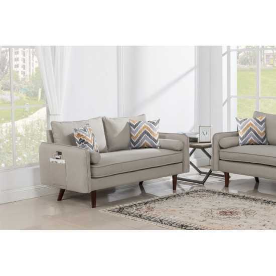 Mia Mid-Century Modern Beige Linen Loveseat Couch with USB Charging Ports & Pillows