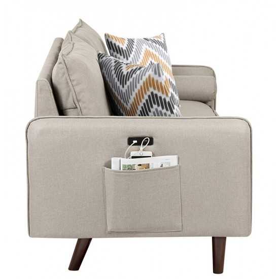 Mia Mid-Century Modern Beige Linen Loveseat Couch with USB Charging Ports & Pillows