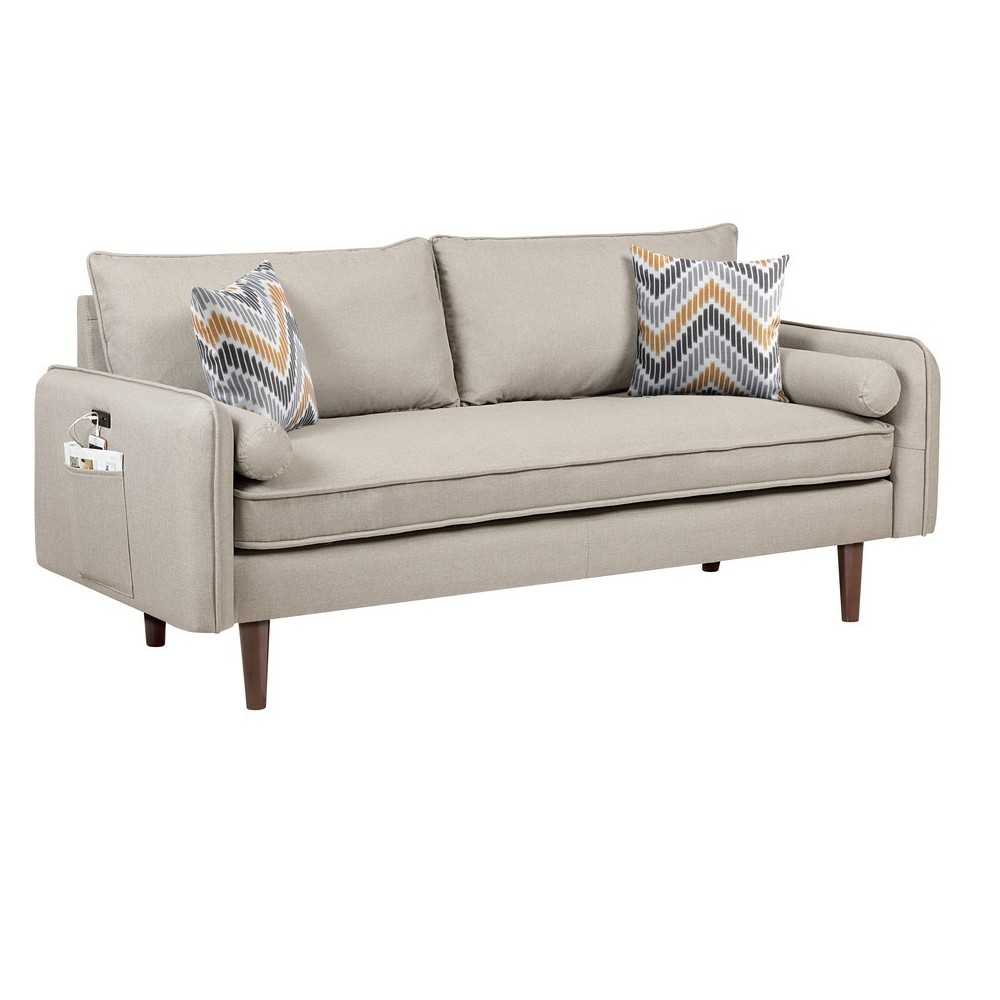 Mia Mid-Century Modern Beige Linen Sofa Couch with USB Charging Ports & Pillows