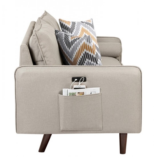 Mia Mid-Century Modern Beige Linen Sofa Couch with USB Charging Ports & Pillows