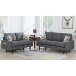Abella Mid-Century Modern Dark Gray Woven Fabric Sofa and Loveseat Living Room Set with USB Charging Ports & Pillows