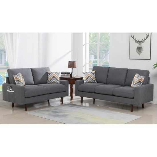 Abella Mid-Century Modern Dark Gray Woven Fabric Sofa and Loveseat Living Room Set with USB Charging Ports & Pillows