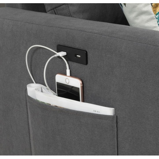 Abella Mid-Century Modern Dark Gray Woven Fabric Sofa and Loveseat Living Room Set with USB Charging Ports & Pillows