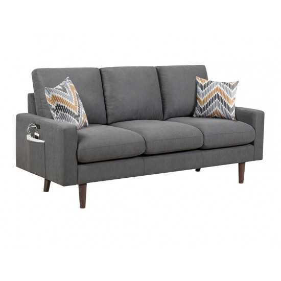 Abella Mid-Century Modern Dark Gray Woven Fabric Sofa and Loveseat Living Room Set with USB Charging Ports & Pillows