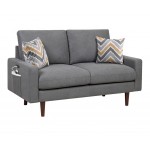 Abella Mid-Century Modern Dark Gray Woven Fabric Sofa and Loveseat Living Room Set with USB Charging Ports & Pillows