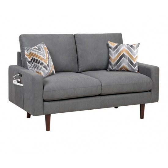 Abella Mid-Century Modern Dark Gray Woven Fabric Sofa and Loveseat Living Room Set with USB Charging Ports & Pillows