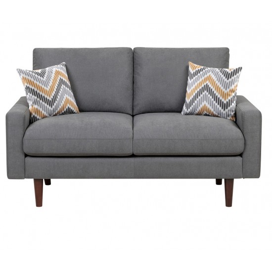 Abella Mid-Century Modern Dark Gray Woven Fabric Sofa and Loveseat Living Room Set with USB Charging Ports & Pillows