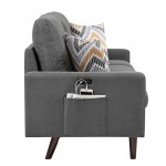 Abella Mid-Century Modern Dark Gray Woven Fabric Sofa and Loveseat Living Room Set with USB Charging Ports & Pillows